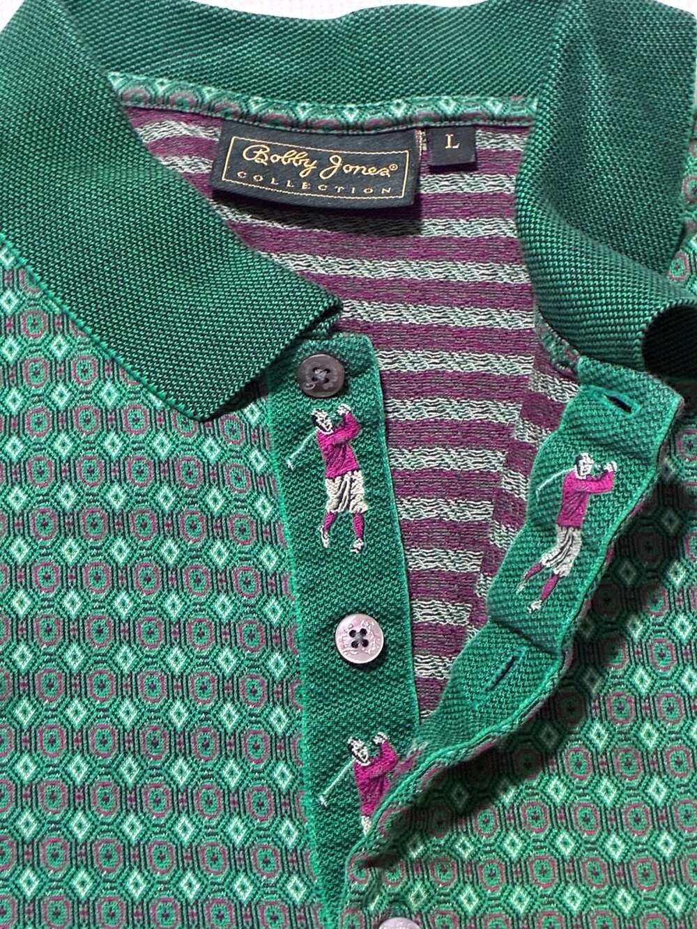 Bobby Jones Collection Green Geometric Print Golf Polo Shirt Men's Size L